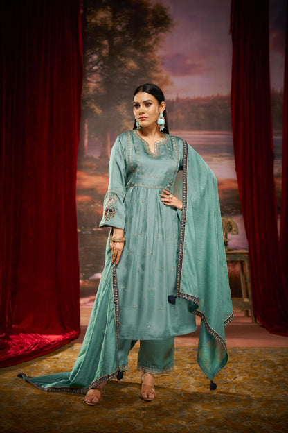 Gorgeous Dusty Rose & Teal Pure Silk A-Line Kurta Set with Zari Resham & Dupatta