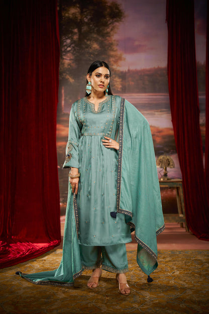 Gorgeous Dusty Rose & Teal Pure Silk A-Line Kurta Set with Zari Resham & Dupatta