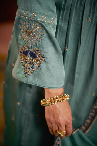 Gorgeous Dusty Rose & Teal Pure Silk A-Line Kurta Set with Zari Resham & Dupatta