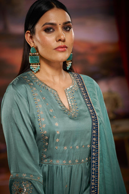 Gorgeous Dusty Rose & Teal Pure Silk A-Line Kurta Set with Zari Resham & Dupatta