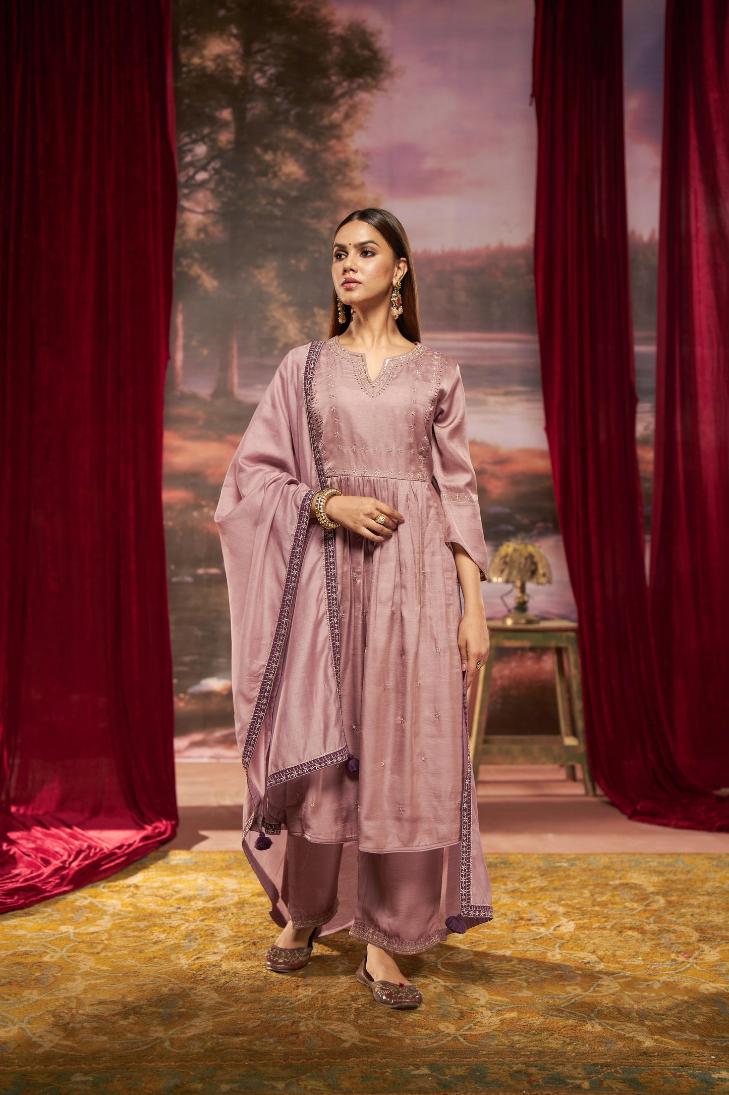 Gorgeous Dusty Rose & Teal Pure Silk A-Line Kurta Set with Zari Resham & Dupatta
