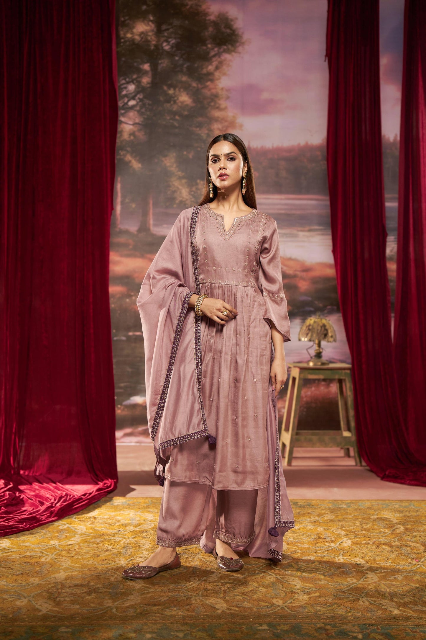 Gorgeous Dusty Rose & Teal Pure Silk A-Line Kurta Set with Zari Resham & Dupatta