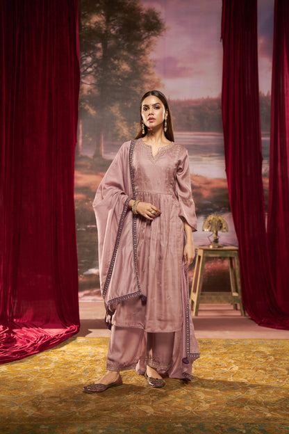 Gorgeous Dusty Rose & Teal Pure Silk A-Line Kurta Set with Zari Resham & Dupatta