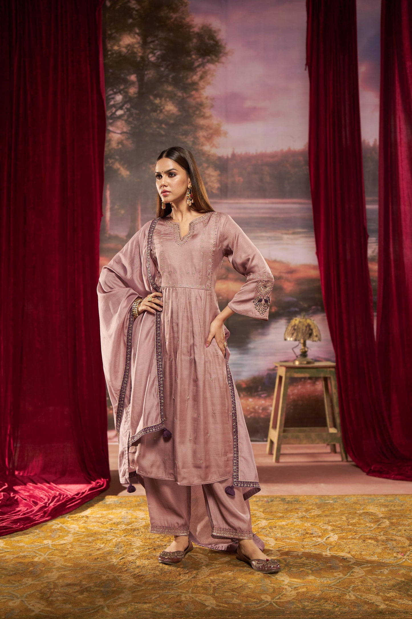 Gorgeous Dusty Rose & Teal Pure Silk A-Line Kurta Set with Zari Resham & Dupatta
