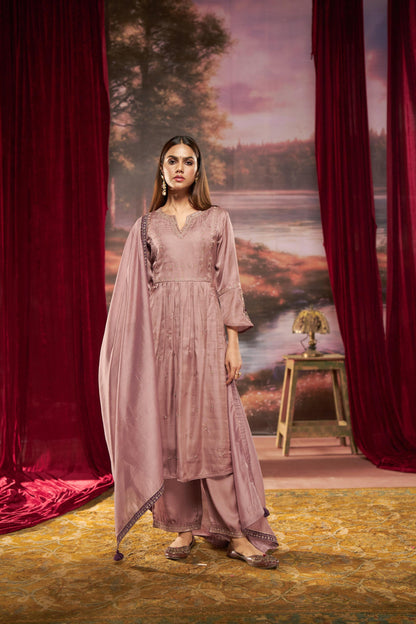 Gorgeous Dusty Rose & Teal Pure Silk A-Line Kurta Set with Zari Resham & Dupatta