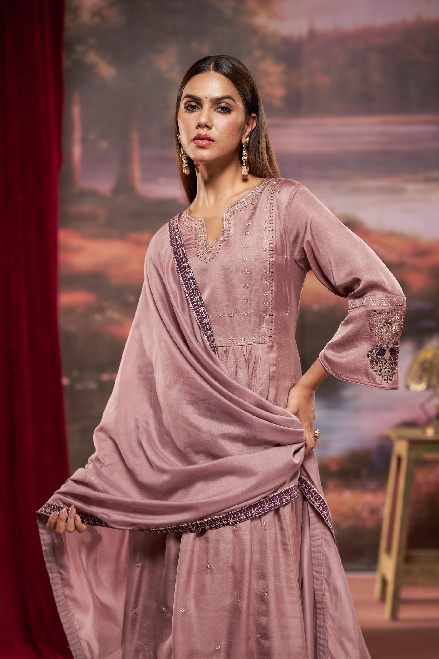 Gorgeous Dusty Rose & Teal Pure Silk A-Line Kurta Set with Zari Resham & Dupatta