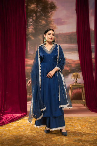 Luxury Ivory & Navy Pure Silk Kurta with Zari, Sequin, Pearl Embellished V-Neck