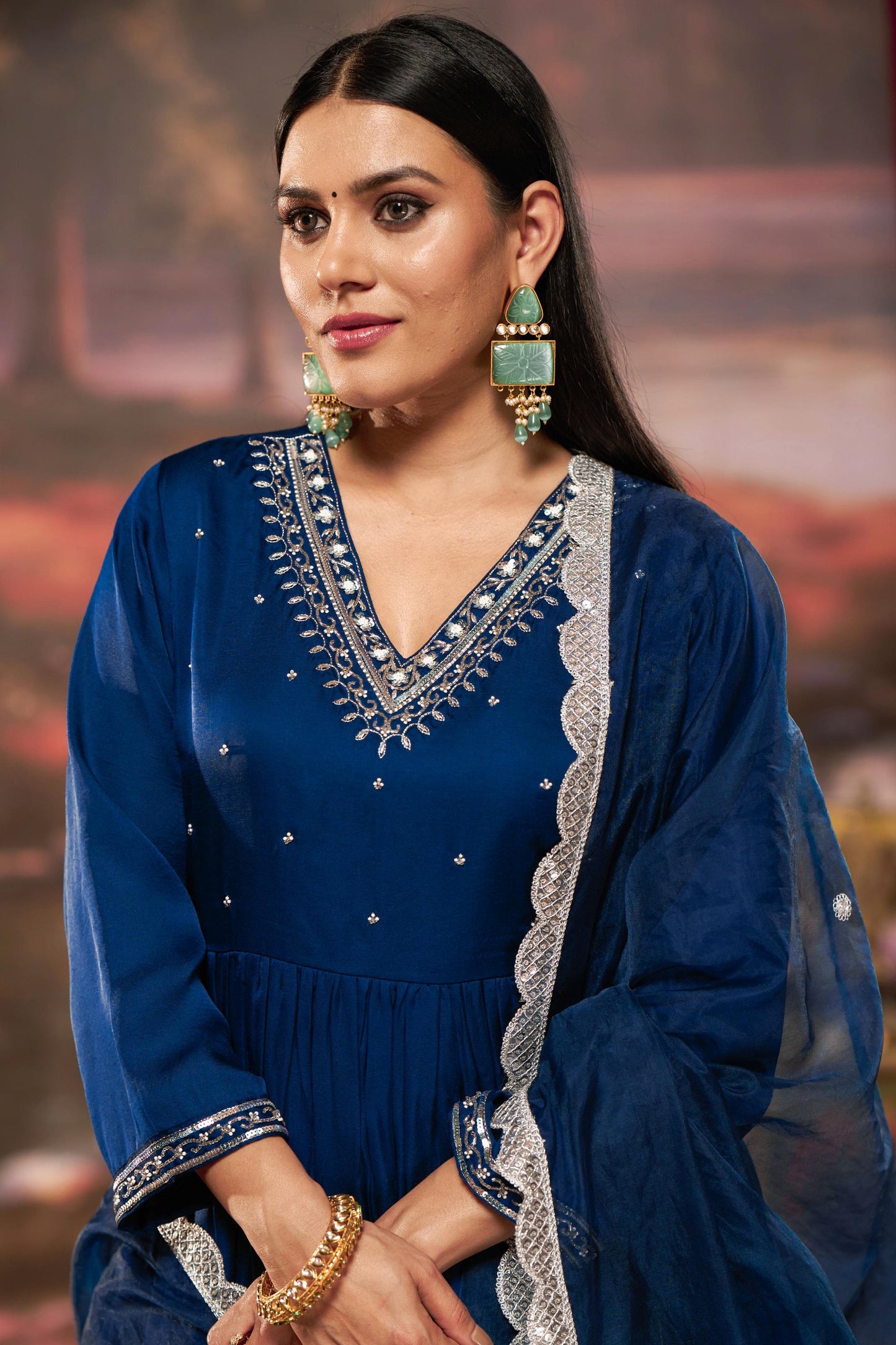 Luxury Ivory & Navy Pure Silk Kurta with Zari, Sequin, Pearl Embellished V-Neck
