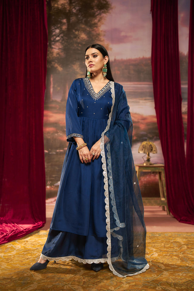 Luxury Ivory & Navy Pure Silk Kurta with Zari, Sequin, Pearl Embellished V-Neck