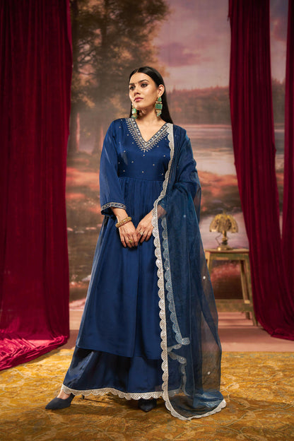 Luxury Ivory & Navy Pure Silk Kurta with Zari, Sequin, Pearl Embellished V-Neck