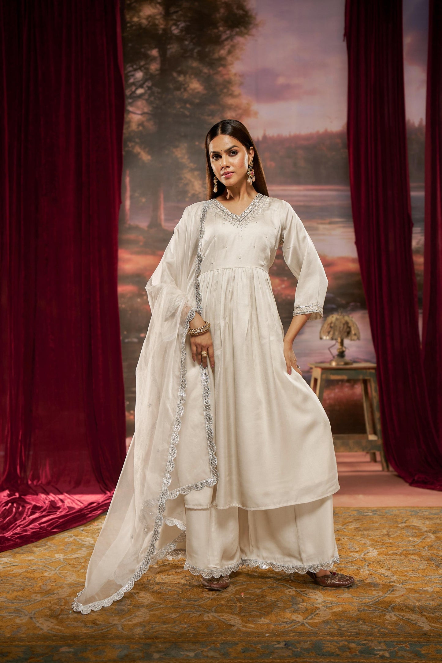 Luxury Ivory & Navy Pure Silk Kurta with Zari, Sequin, Pearl Embellished V-Neck