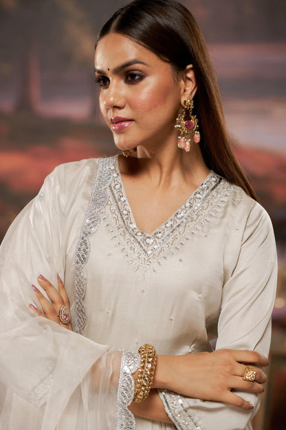 Luxury Ivory & Navy Pure Silk Kurta with Zari, Sequin, Pearl Embellished V-Neck