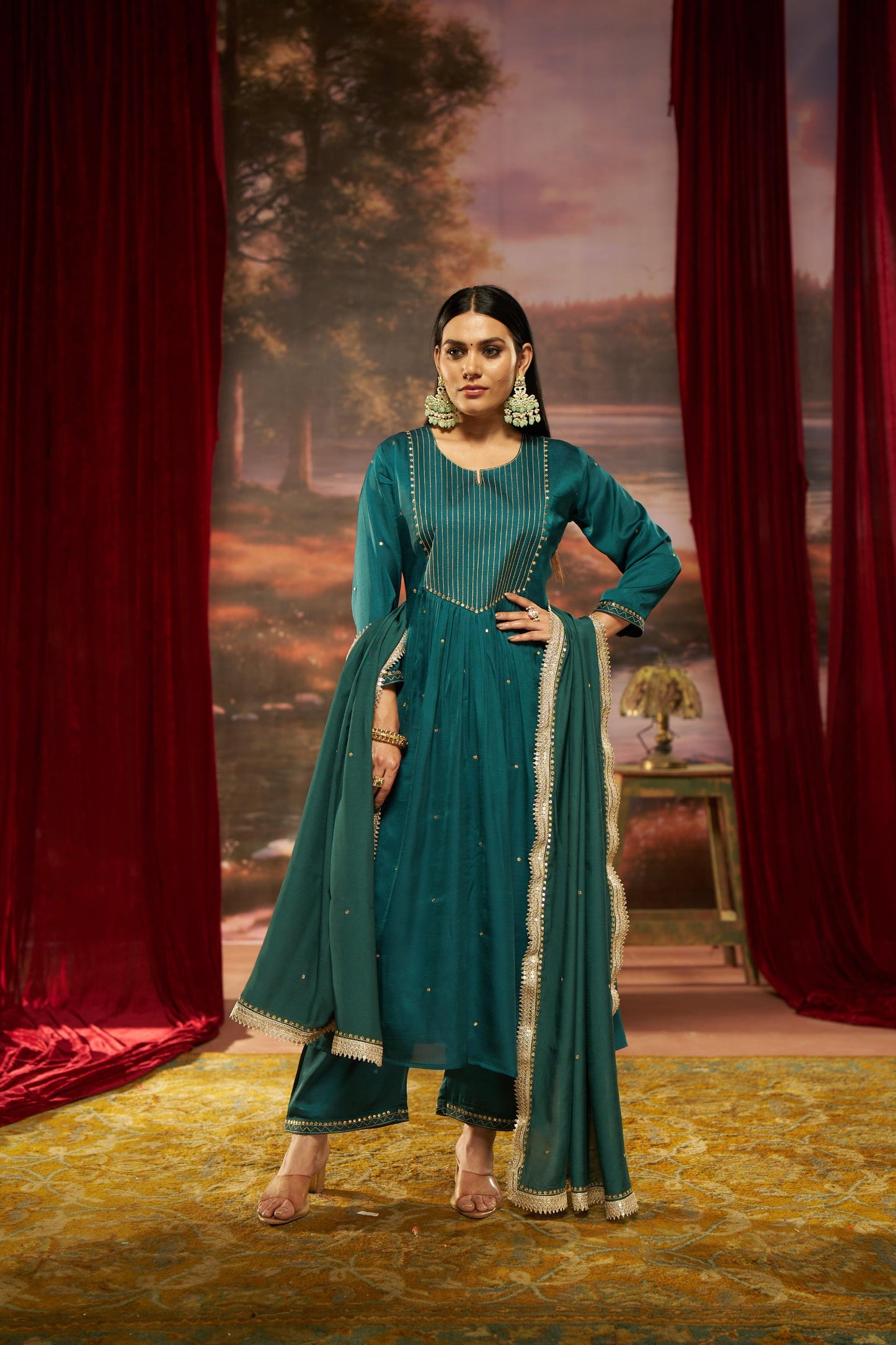 Raajvee Fuchsia & Teal Silk A-Line Kurta Set with Kantha Embroidery & Zari Dupatta