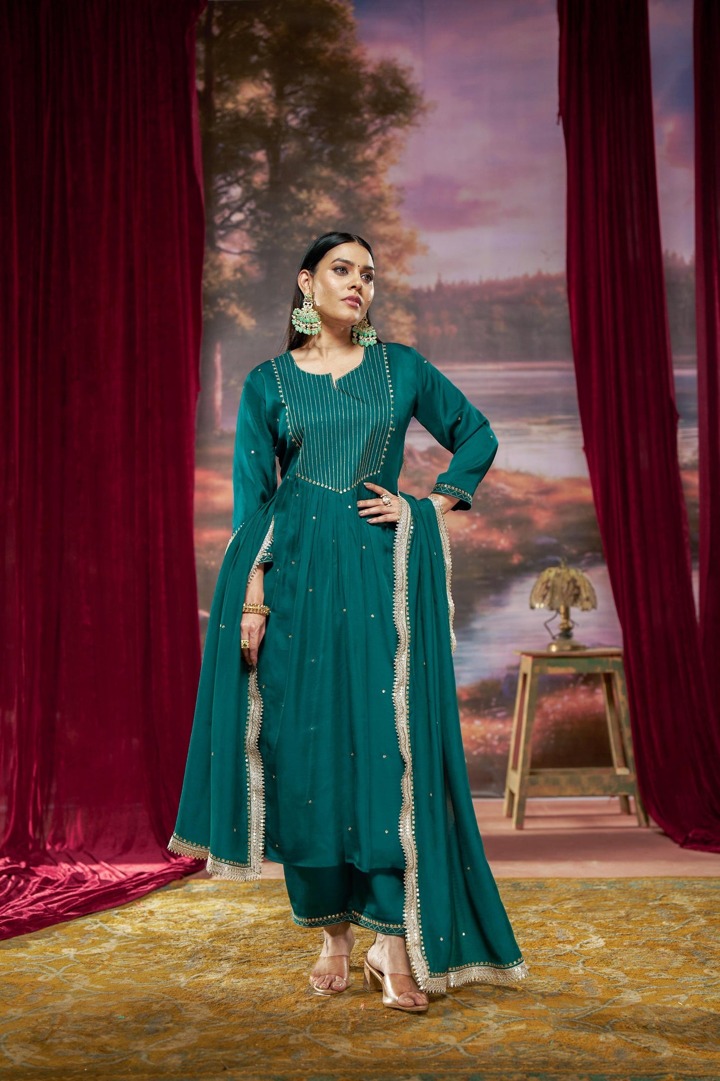 Raajvee Fuchsia & Teal Silk A-Line Kurta Set with Kantha Embroidery & Zari Dupatta