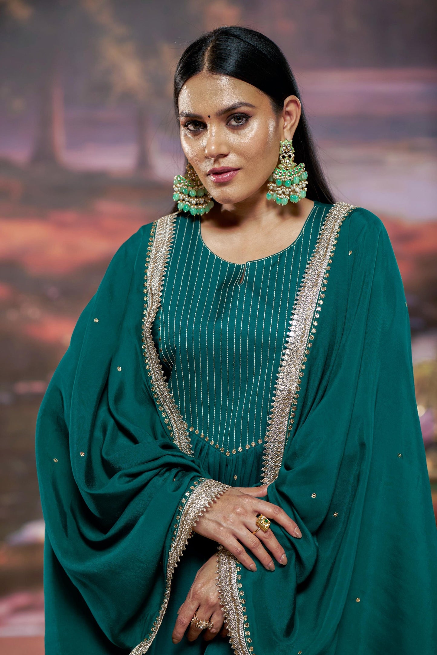 Raajvee Fuchsia & Teal Silk A-Line Kurta Set with Kantha Embroidery & Zari Dupatta