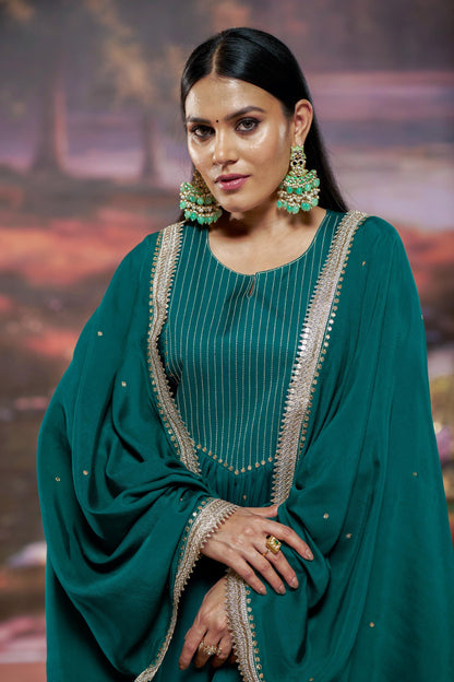 Raajvee Fuchsia & Teal Silk A-Line Kurta Set with Kantha Embroidery & Zari Dupatta