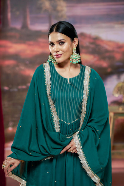 Raajvee Fuchsia & Teal Silk A-Line Kurta Set with Kantha Embroidery & Zari Dupatta