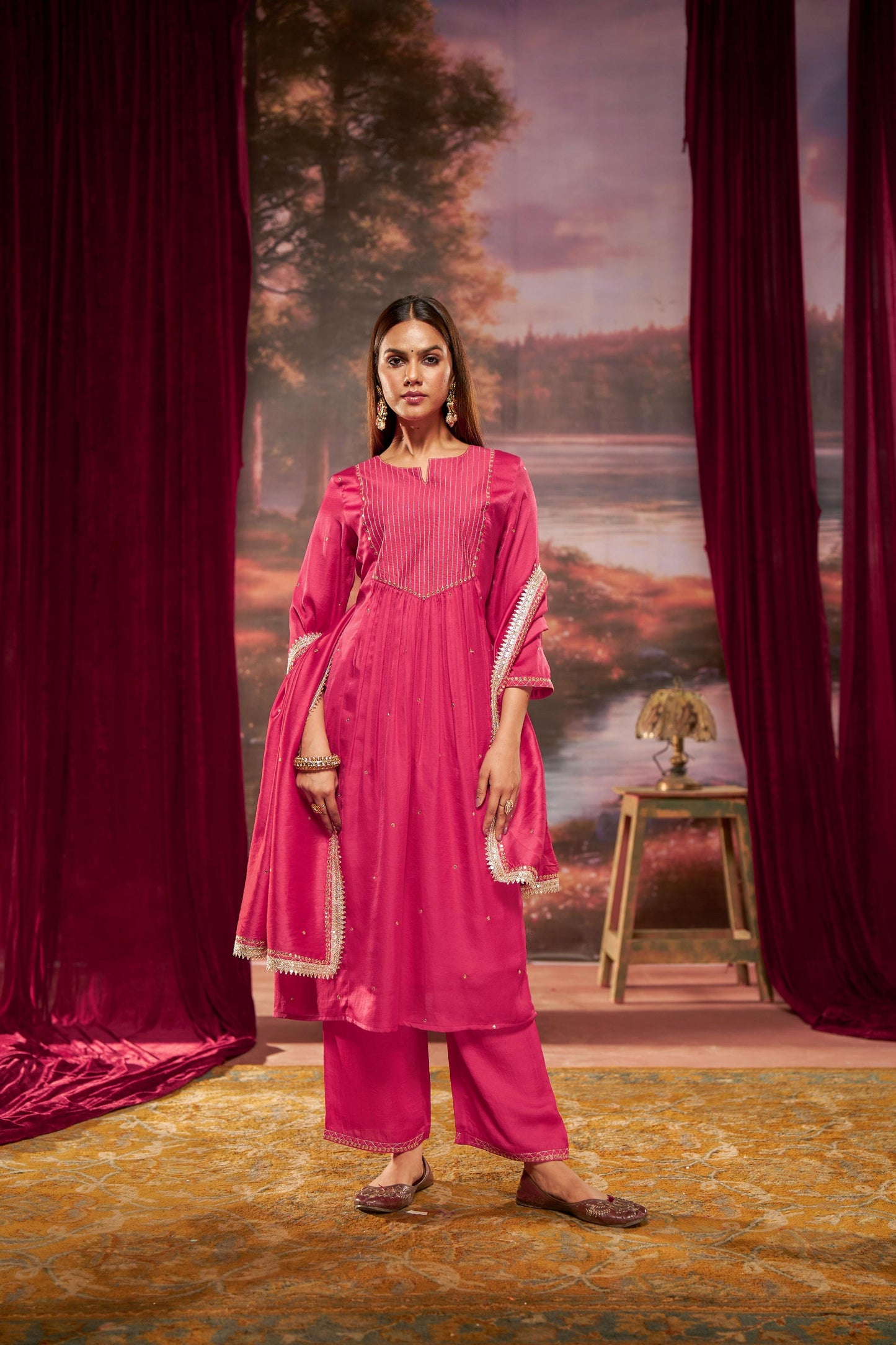 Raajvee Fuchsia & Teal Silk A-Line Kurta Set with Kantha Embroidery & Zari Dupatta