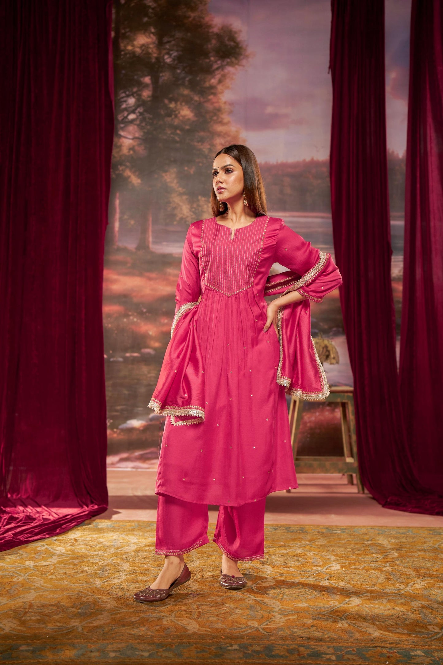 Raajvee Fuchsia & Teal Silk A-Line Kurta Set with Kantha Embroidery & Zari Dupatta