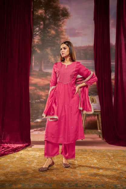 Raajvee Fuchsia & Teal Silk A-Line Kurta Set with Kantha Embroidery & Zari Dupatta