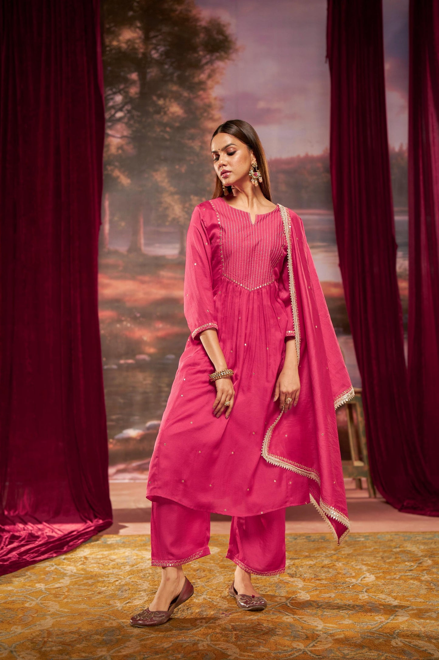 Raajvee Fuchsia & Teal Silk A-Line Kurta Set with Kantha Embroidery & Zari Dupatta