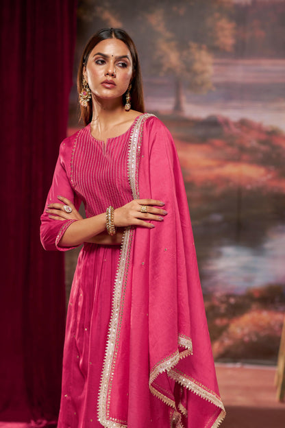 Raajvee Fuchsia & Teal Silk A-Line Kurta Set with Kantha Embroidery & Zari Dupatta