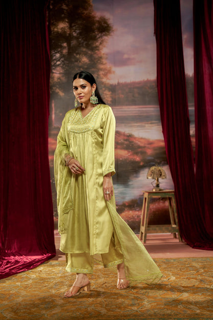 Raajvee Coral & Navy Pure Silk Kurta Set feat. Resham Thread, Glass Bugle & Silk Dupatta