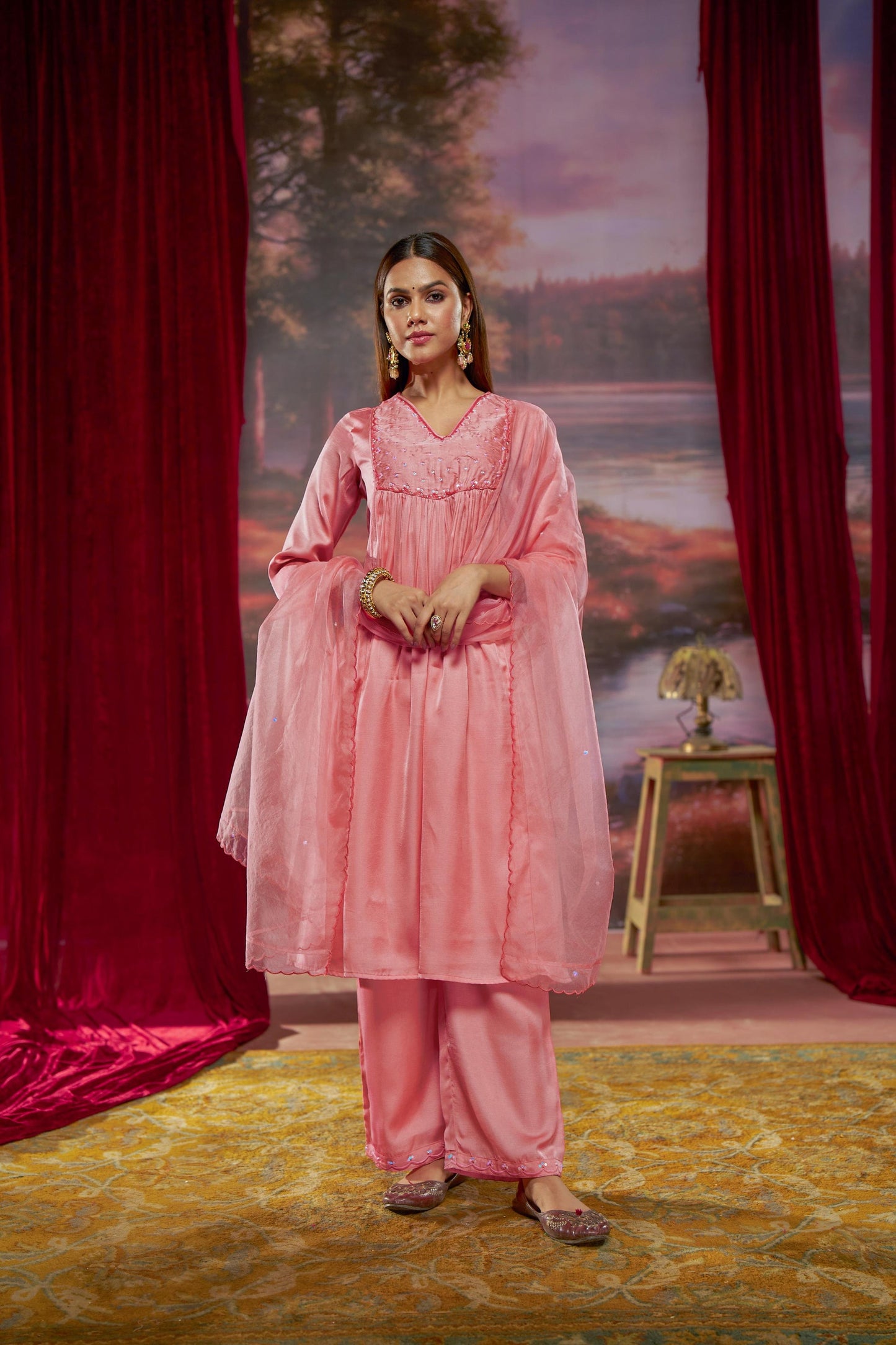 Raajvee Coral & Navy Pure Silk Kurta Set feat. Resham Thread, Glass Bugle & Silk Dupatta