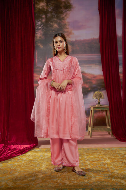 Raajvee Coral & Navy Pure Silk Kurta Set feat. Resham Thread, Glass Bugle & Silk Dupatta