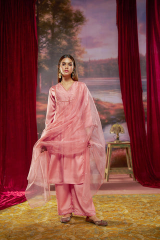 Raajvee Coral & Navy Pure Silk Kurta Set feat. Resham Thread, Glass Bugle & Silk Dupatta