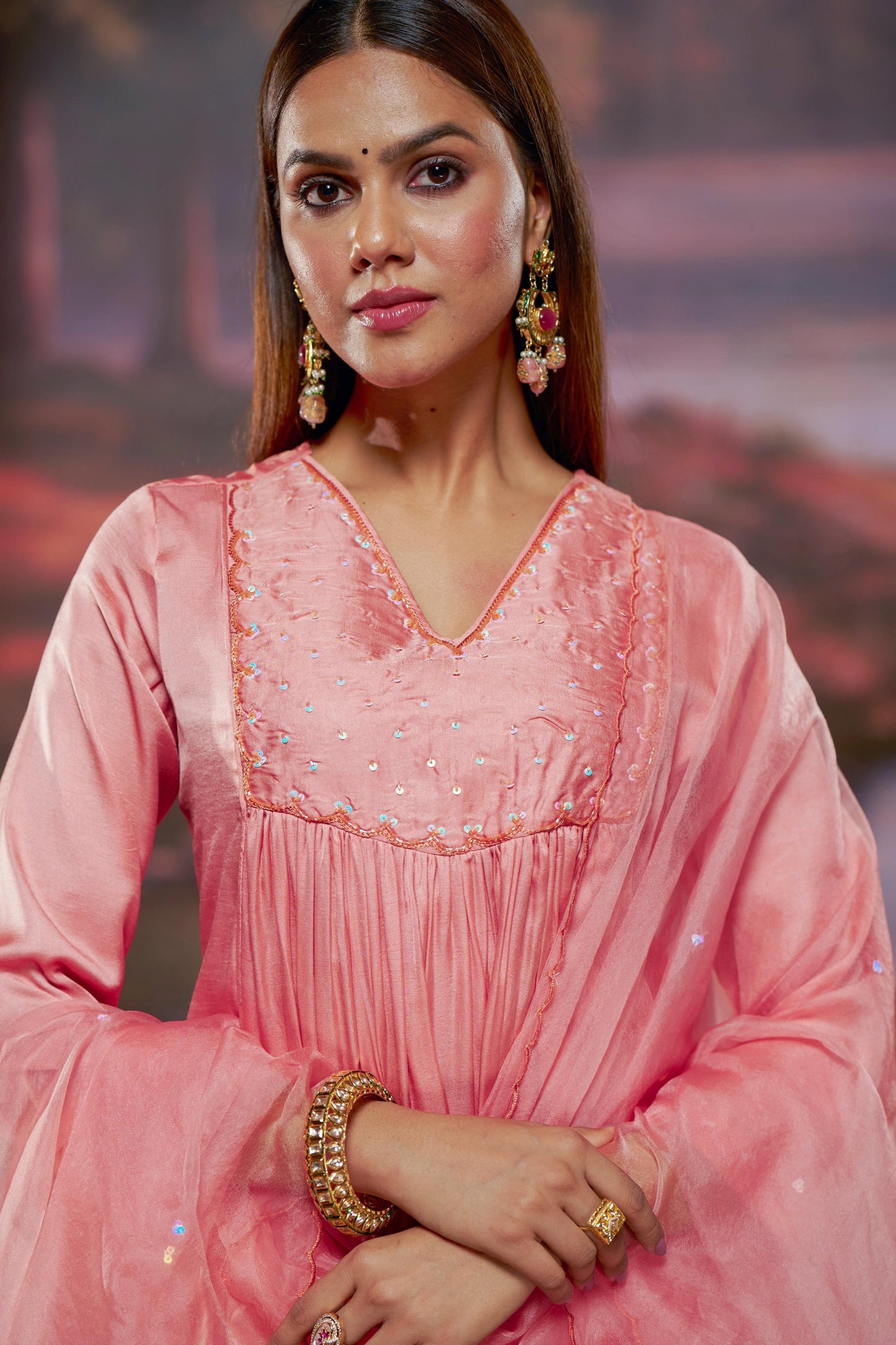 Raajvee Coral & Navy Pure Silk Kurta Set feat. Resham Thread, Glass Bugle & Silk Dupatta