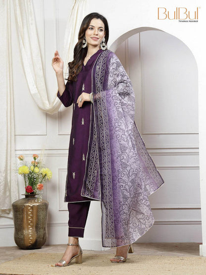 Preet Mustard & Purple Chanderi Silk Kurta Set with Dupatta for Women - Ethnic Festive Wear