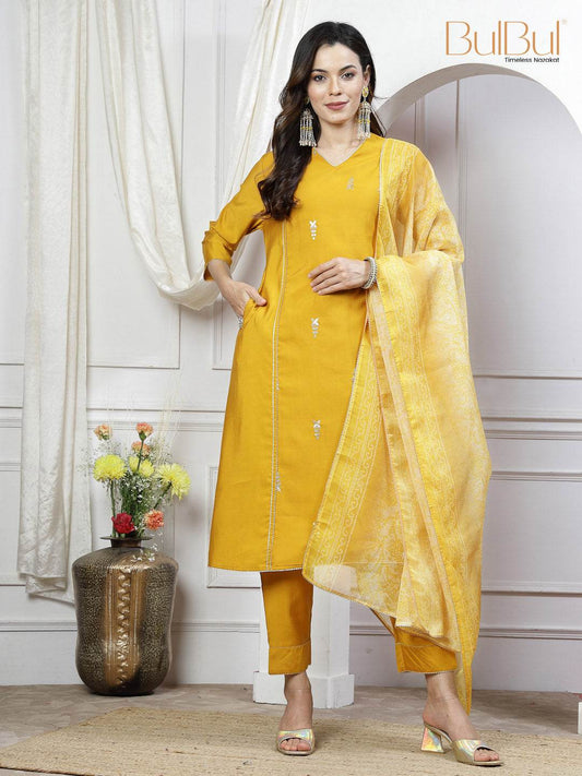 Preet Mustard & Purple Chanderi Silk Kurta Set with Dupatta for Women - Ethnic Festive Wear