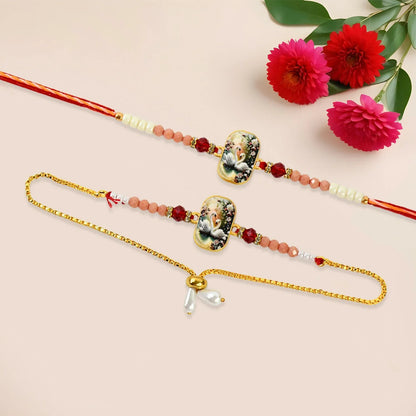 Elegant Swan Design Bhaiya Bhabhi Rakhi Set Premium Printed Tile Rakhi With Crystal Beads Adjustable Bracelet - warehousetech13