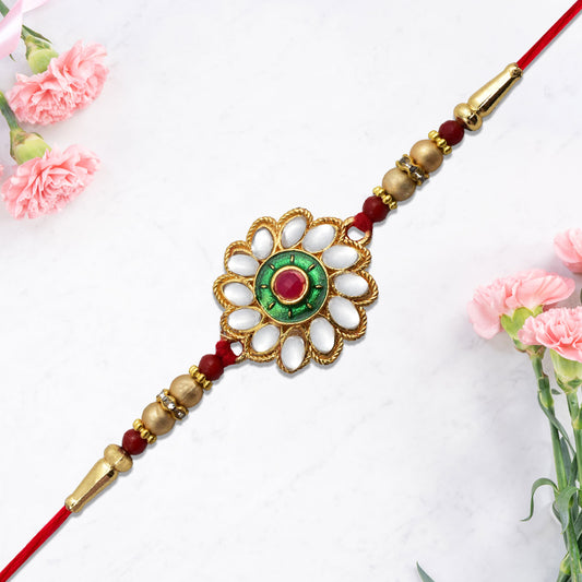 Kundan Floral Rakhi With Green Red Centerpiece - warehousetech13