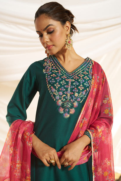 Kayra Green Multicolor Embroidered Chinnon Silk Suit Set - Straight Fit