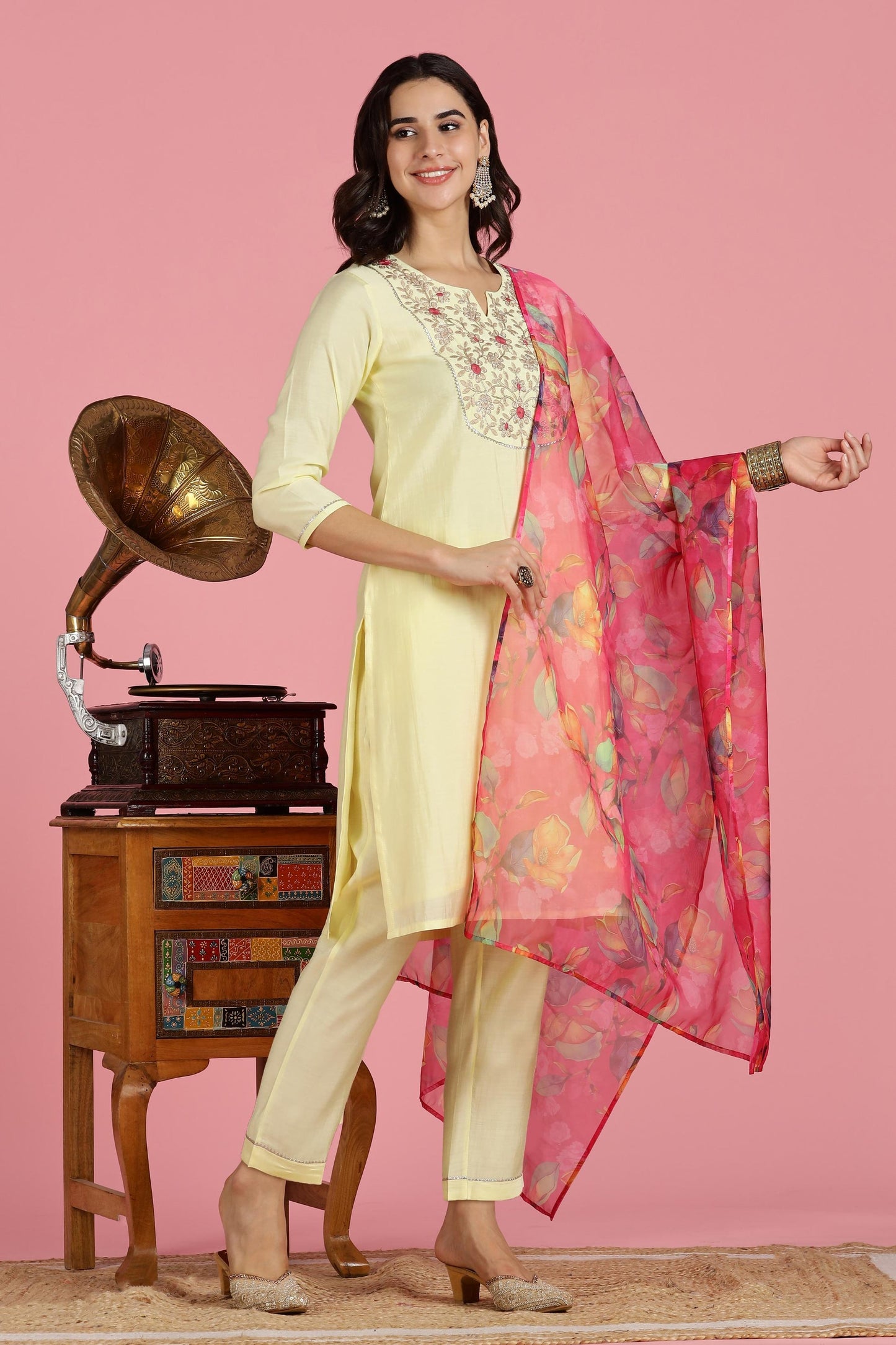 Butter Yellow Chanderi Silk Kurta Set with Resham Zari Floral Embroidery