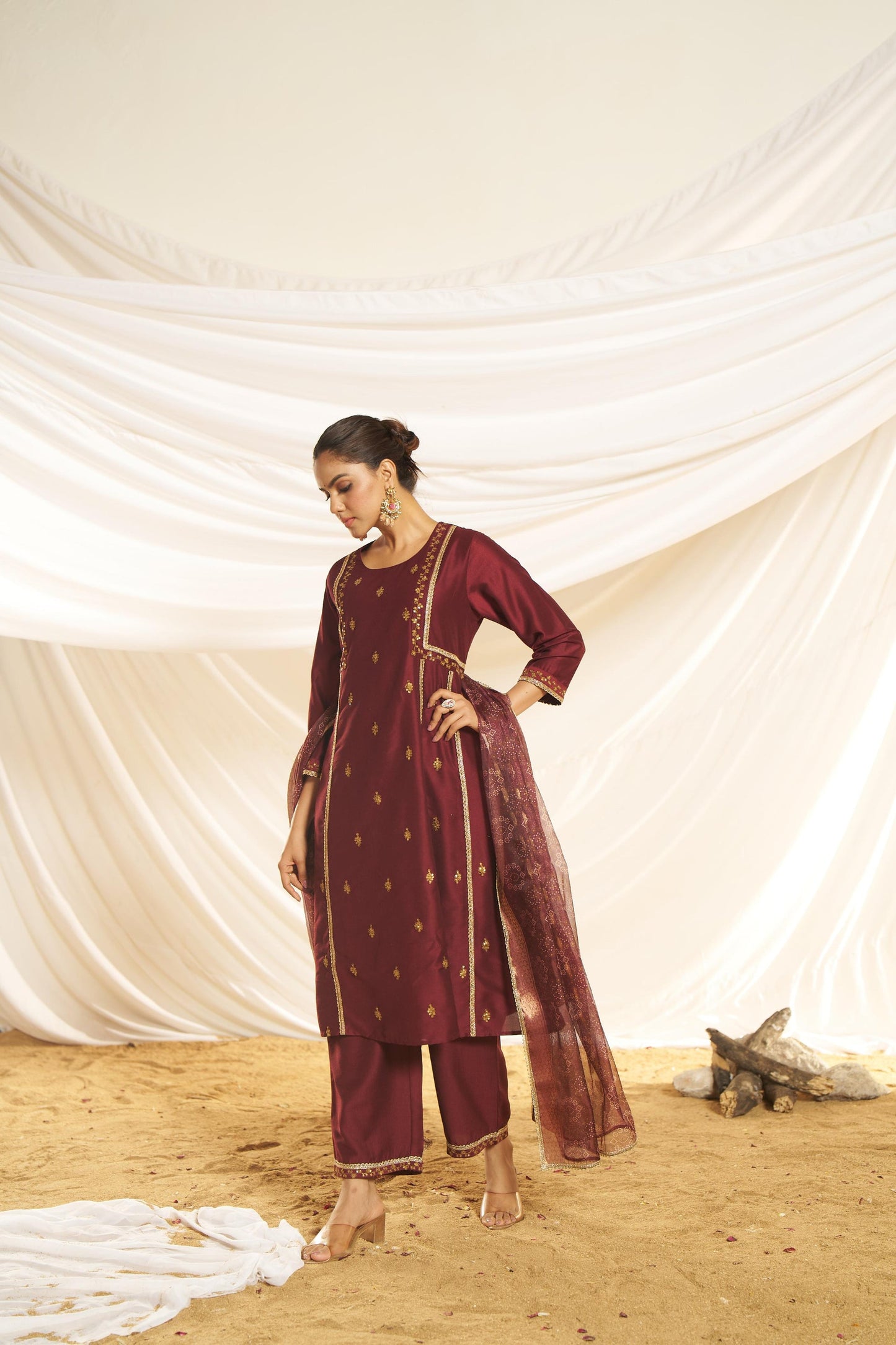 Kayra Maroon Sequins A-Line Suit Set with Lace Borders - Chinnon Silk