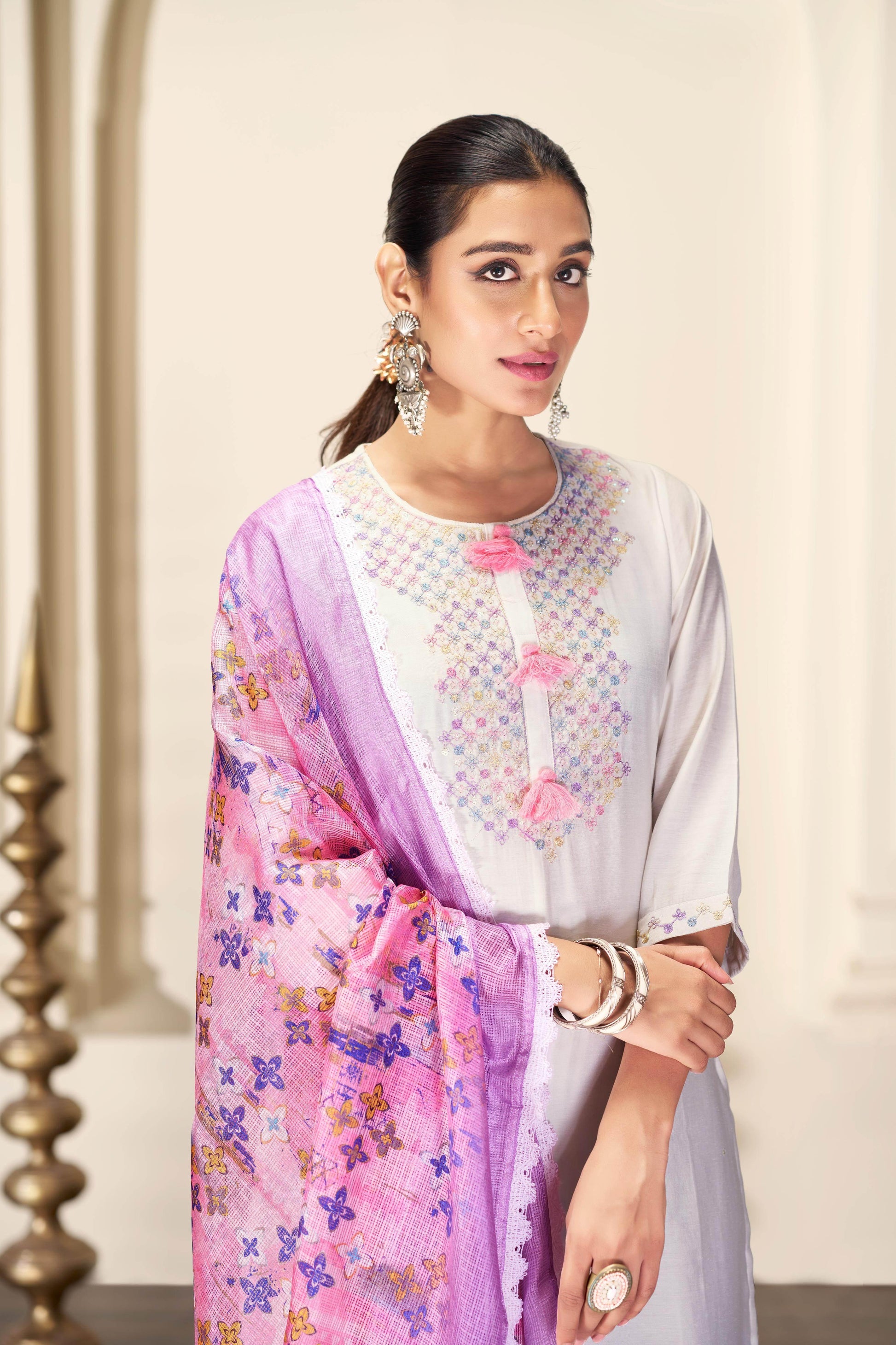 Bhumi Elegant Off-White & Black Silk Kurta Set with Dupatta for Women | Ethnic Festive Wear - warehousetech13