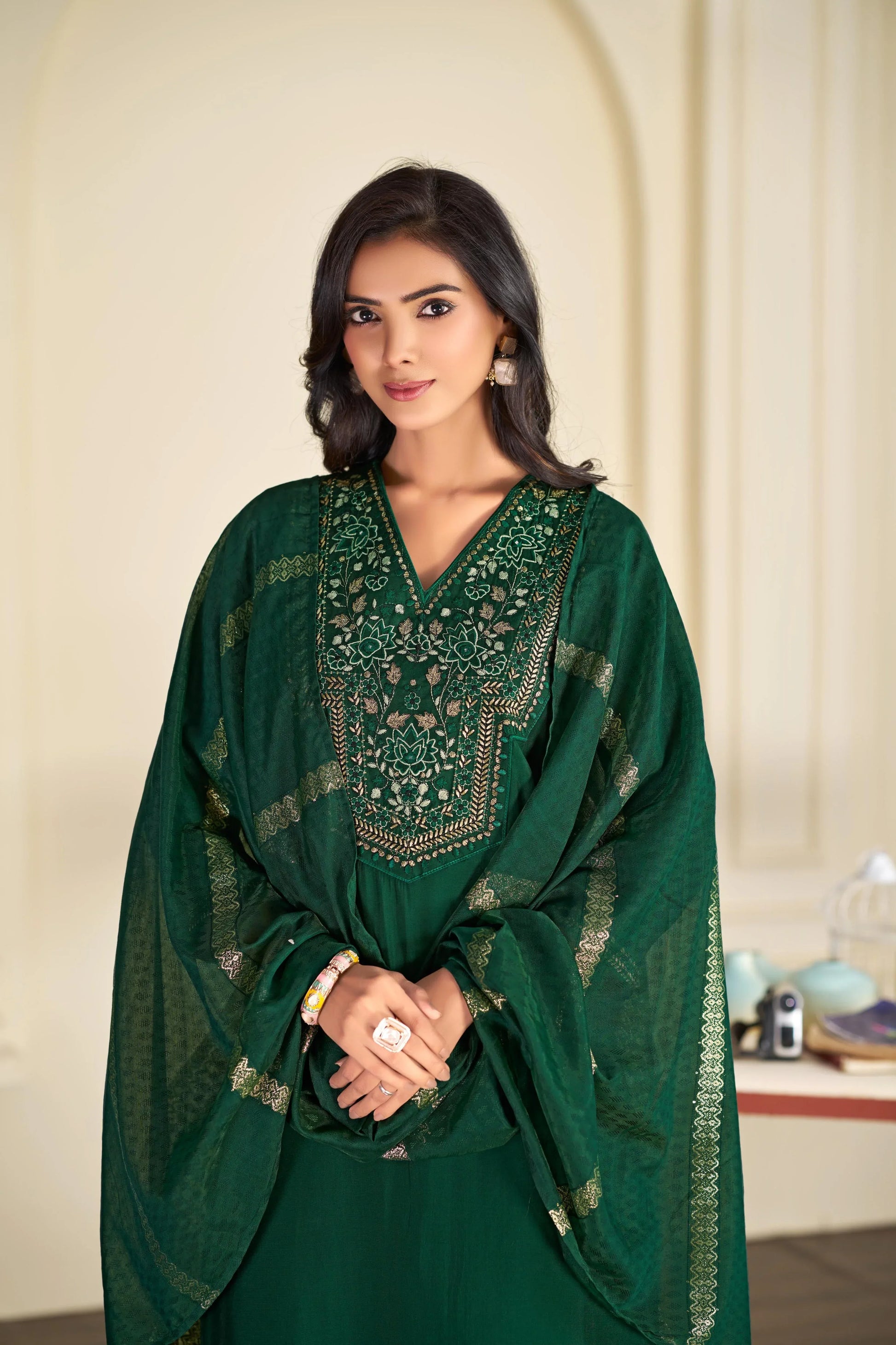 BulBul Ruhani Solid Green and Maroon Embroidered Roman Silk Salwar Suit for Women - warehousetech13
