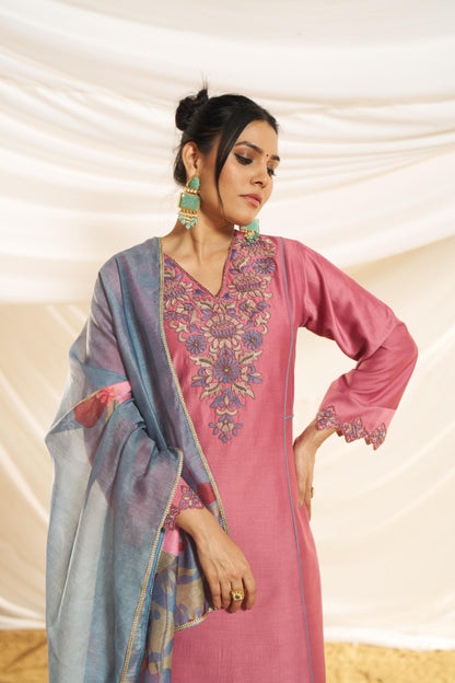 Kayra Blush Pink Embroidered A-Line Suit Set - Chinnon Silk with Cotton Lining