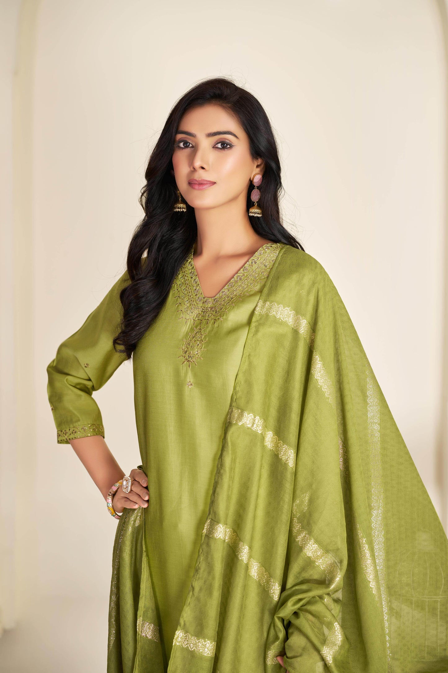 Nakshatra Green and Purple Silk Kurta Set with Dupatta – Elegant Festive Ethnic Wear for Women