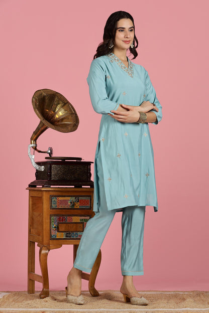Sky Blue Chanderi Silk Kurta Set with Zari Neckline & Sequin Work