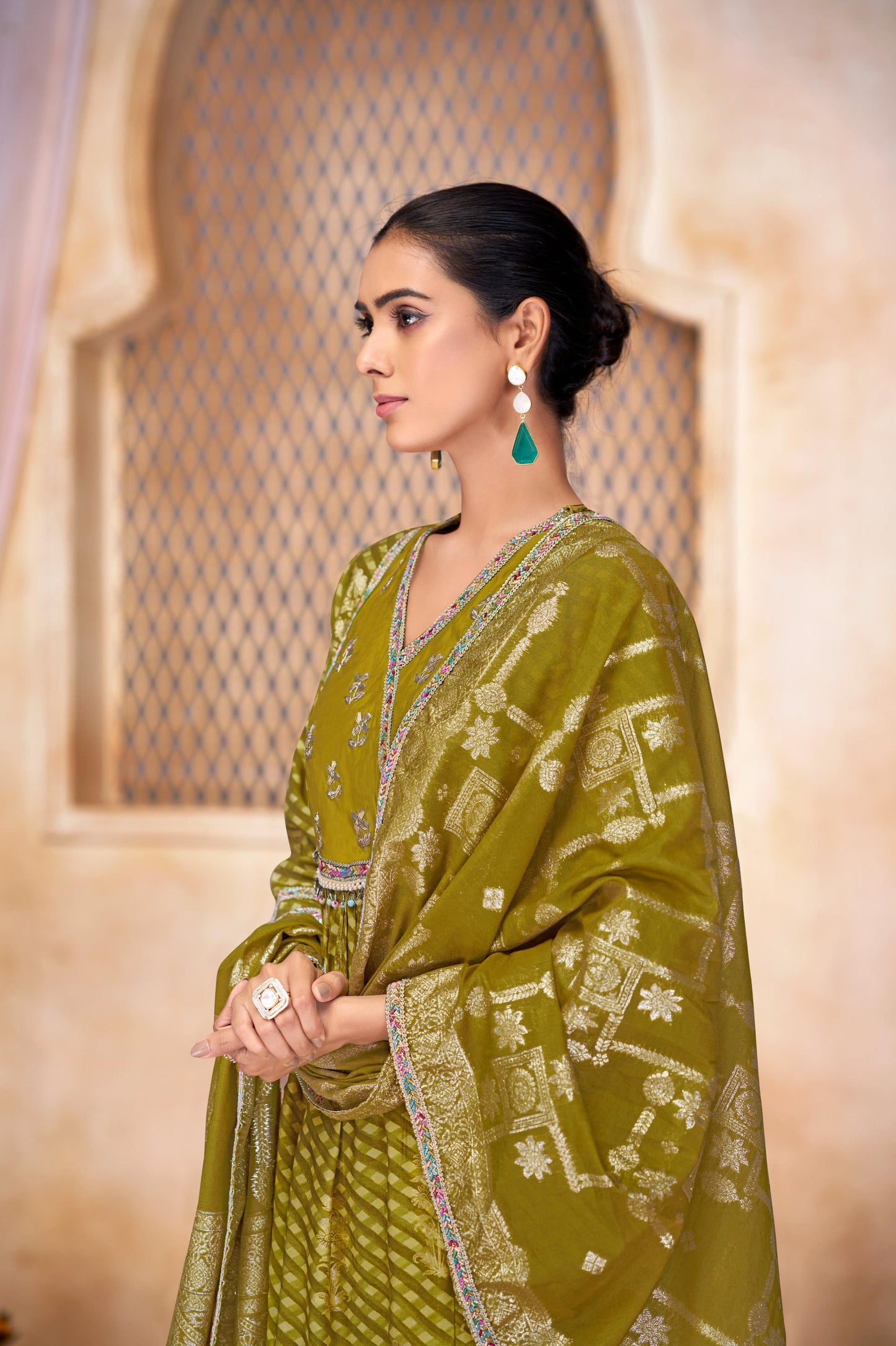 Rashmi Mehndi Green Chanderi Silk Suit Set with Beads, Sequins & Mul Lining