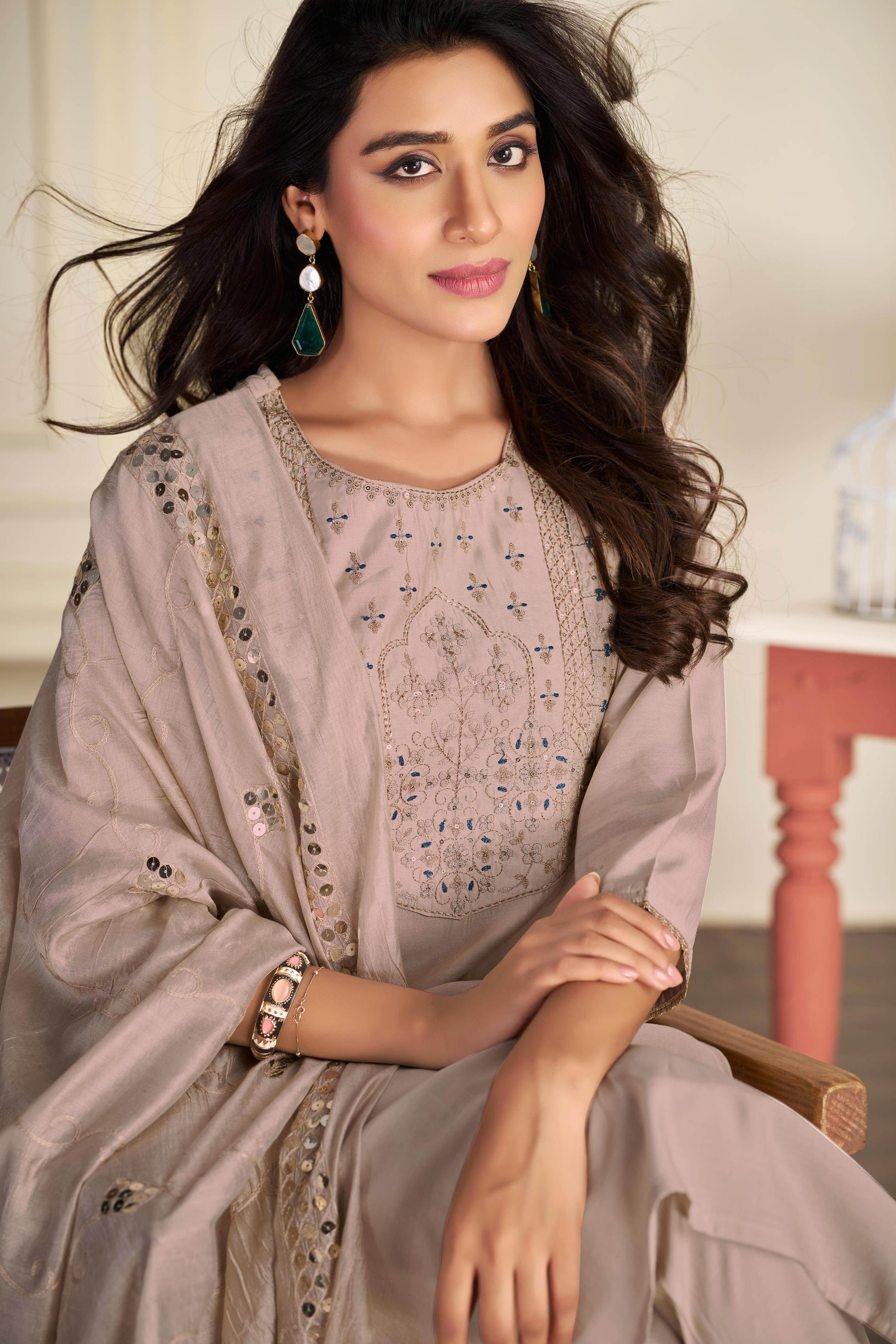 Prachi Silk Teal & Beige Kurta Set with Dupatta for Women - warehousetech13