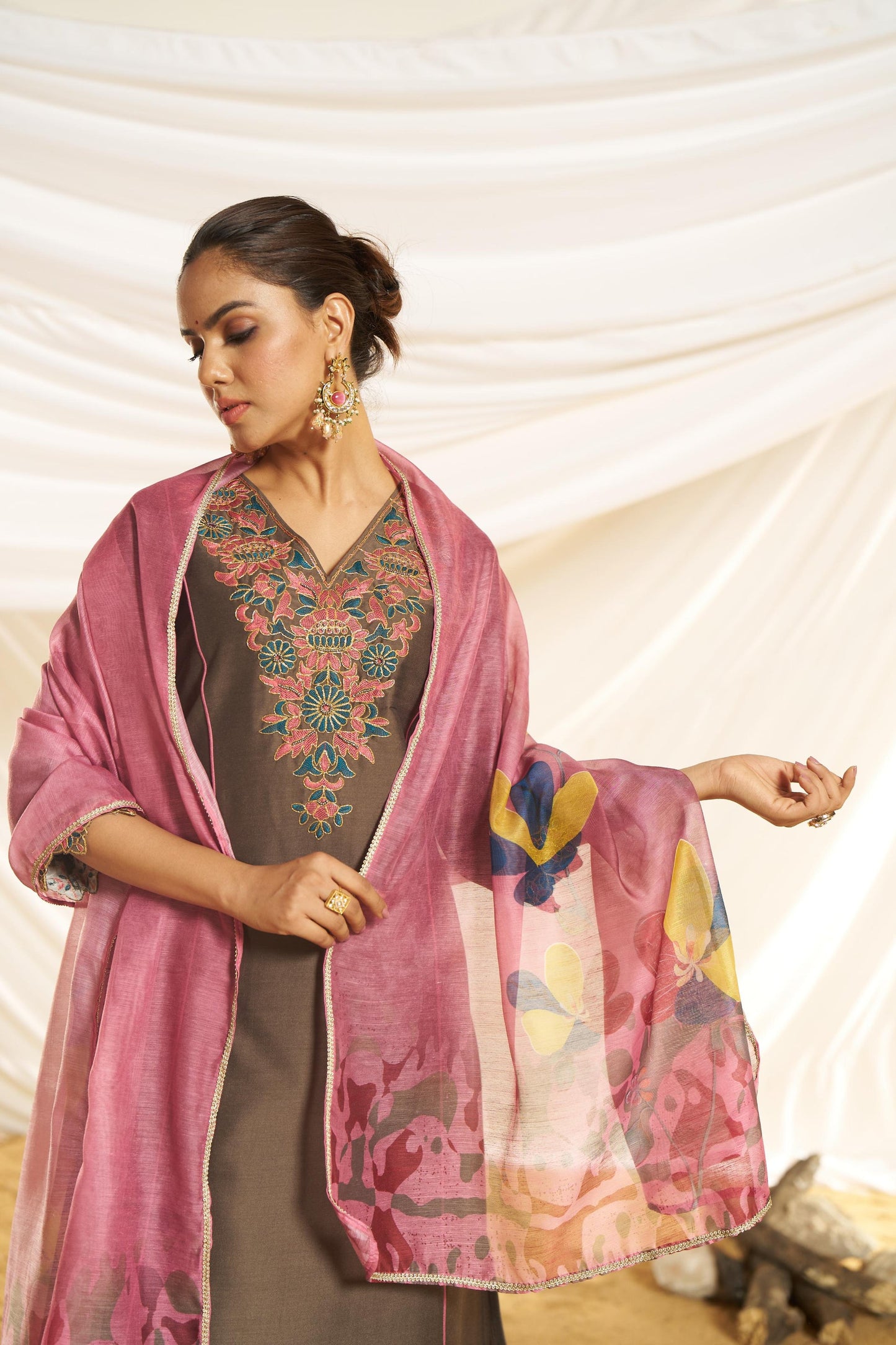 Kayra Brown Beaded Embroidered Chinnon Silk A-Line Suit Set with Cotton Lining