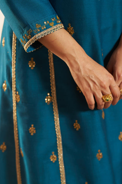 Kayra Teal Sequins A-Line Suit Set - Chinnon Silk with Cotton Lining