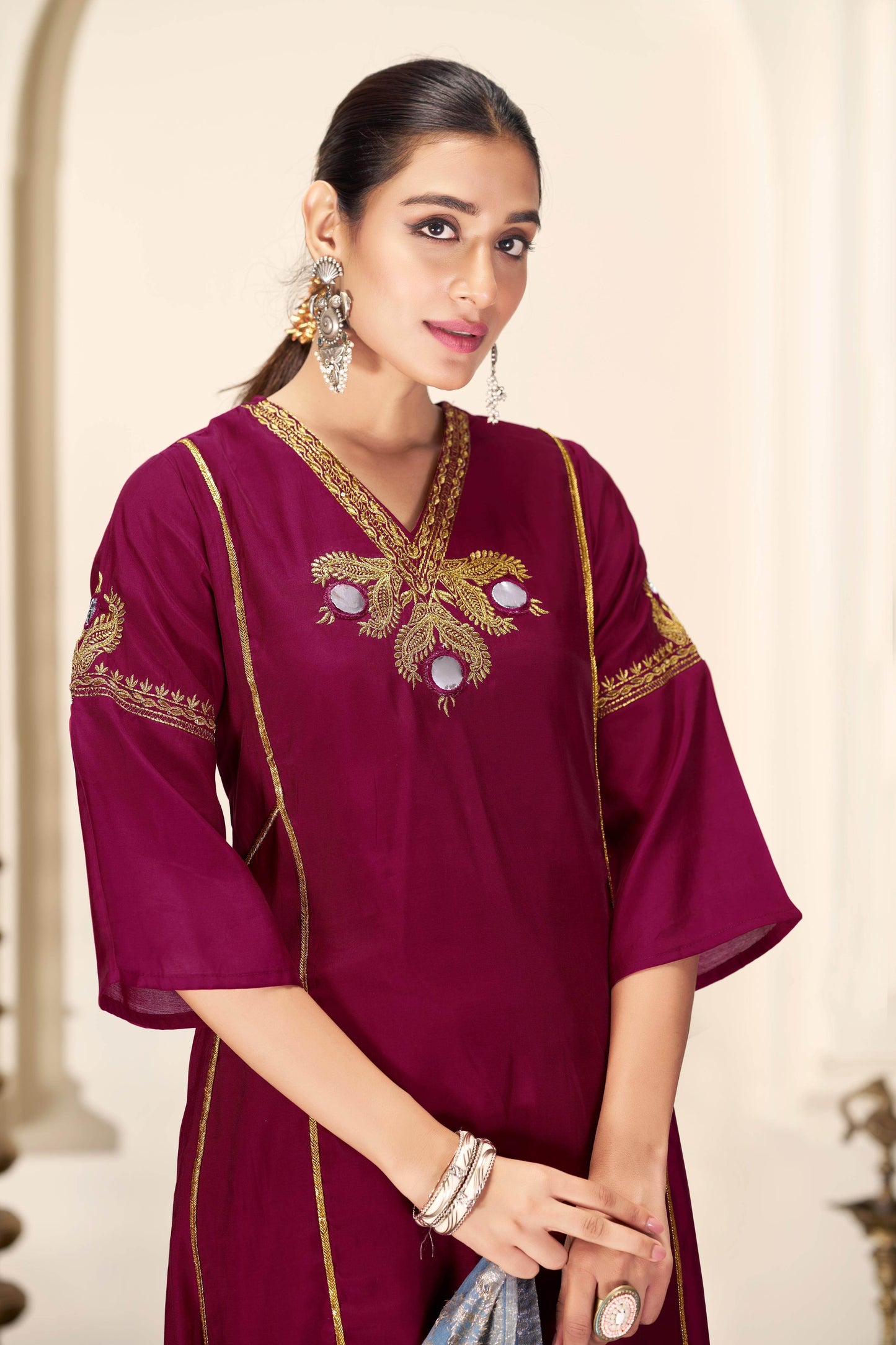 Shruti Silk Kurta Set with Dupatta - Wine & Ice Blue Ethnic Wear for Women