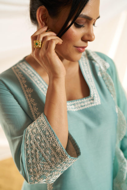 Kayra Aqua Aari Embroidered Chinnon Silk A-Line Suit Set with Cotton Lining