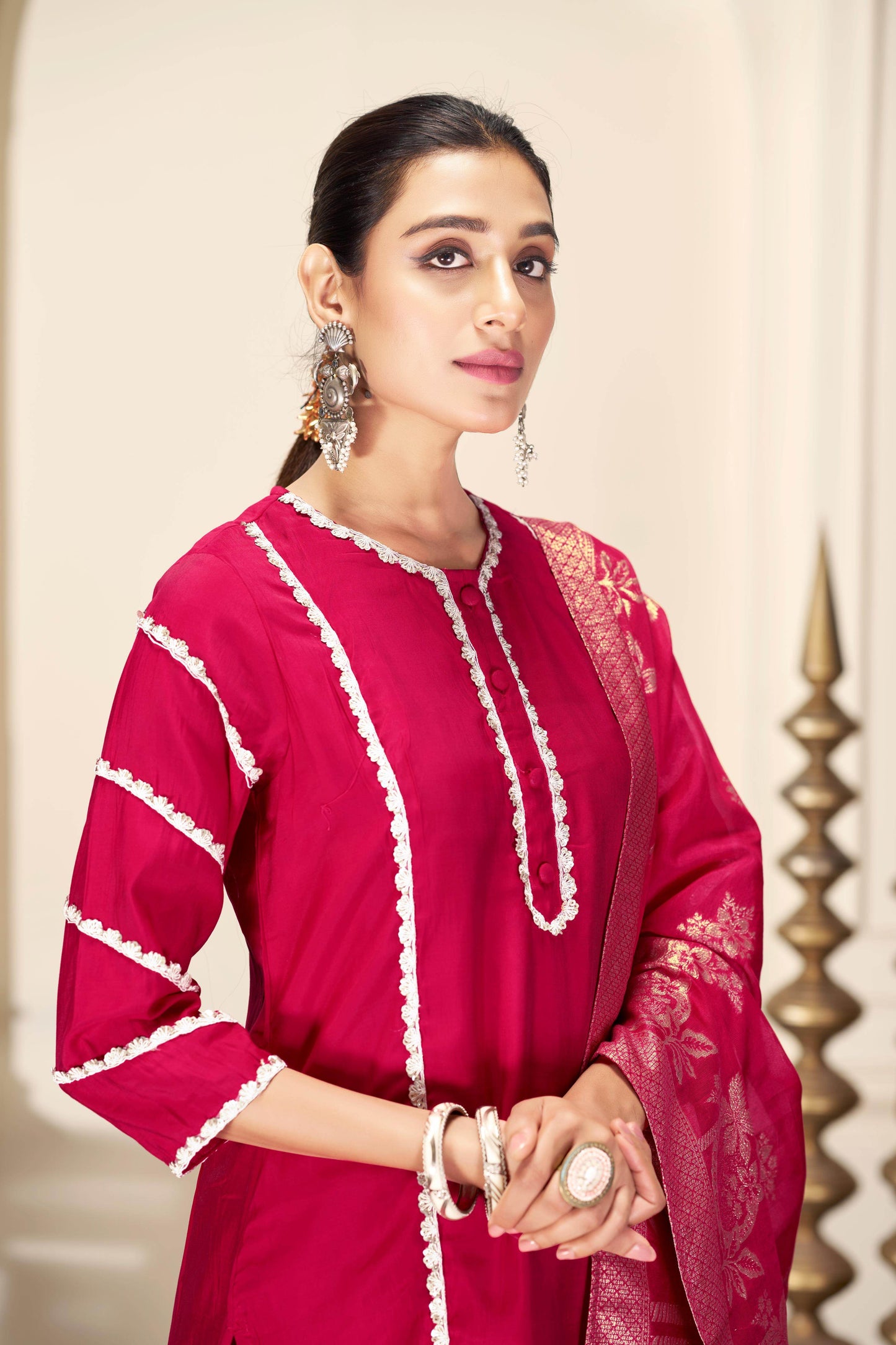 Almina Navy & Red Silk Kurta Set with Dupatta | Festive Ethnic Wear for Women